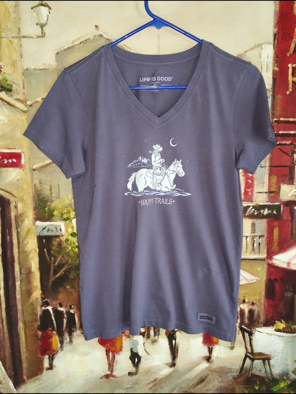 Life Is Good V-neck tee with white 'Happy Trails' cowboy graphic